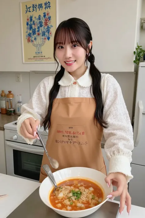 「A scene where food is being prepared、has a small Japanese-style table on the floor。makes miso soup in a large pot {x} The kitchen has a traditional Japanese homely atmosphere、a Japanese woman wearing an apron、The ingredients are being prepared。」
