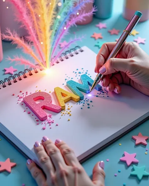 A 3D render of a talented artist passionately crafting the name in glitters “Lacey” with a magical pen that seamlessly transitions through the entire pastel rainbow color spectrum. The name creation bursts into a dazzling display of creativity, highlightin...