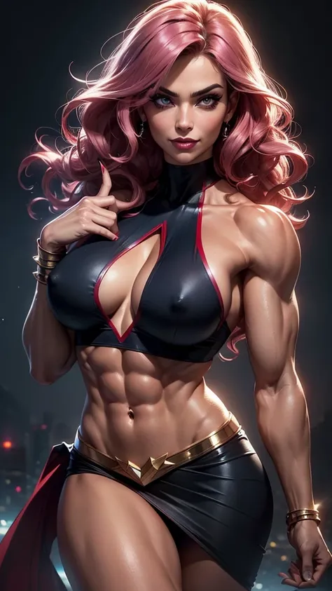 A gorgeous and stunning, ((superheroine)), smirking, smiling, dominant, challenging demeanor, smug, teasing, tall, statuesque, imposing, towering, biceps, triceps, ((eight pack abs, extremely defined abs)), ((flexing biceps, showing off biceps, double bice...