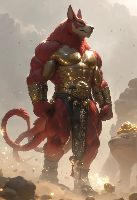 masterpiece,the best quality, newest ,absurdres, highres,far away,1 monk Chao Lin,golden bell, muscular,sound waves,zorro,giant animal,9 red tails