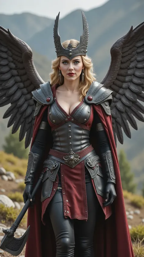 Scarlett Johansson is reimagined as a powerful Valkyrie with huge angel wings with detailed feathers, walking and holding a battle axe, 1 female､ full figure, full body, cleavage,
She has long, honey-blonde hair braided at the sides. She has piercing green...