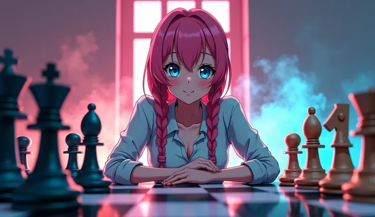 can you make me a youtube thumbnail that has to do with a chess tutorial video? can you add an anime adult girl (with pink braided hair, aquamarine eye color, blushing, and in a basketball jersey)? can there also be aura