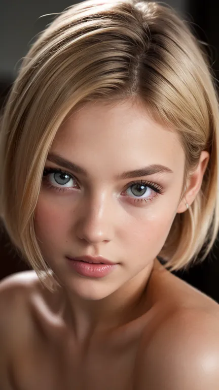 ((Ultra Detail)), Beautiful Art, nude  young blonde  girl . Full lips. Eyes wide.  ((Very short hair)), uhd, high details, best quality, goddess,full body head on