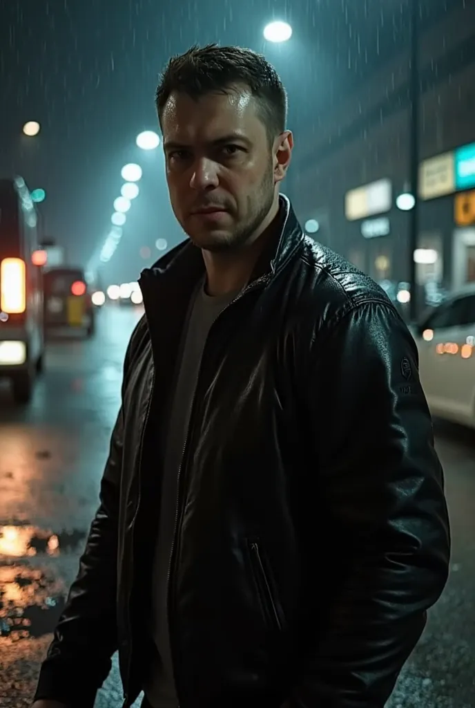 ozon671games, 30 years old, in good athletic shape but a little loose, black leather jacket, stays on foot, face a bit angry and looks directly at the camera in the frame, medium shot, it's raining, Against the background of the rainy street, Night, photor...