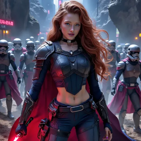 Phoebe as a Mara Jade Skywalker with perfect eyes with long red hair, dressed in tight leather turtleneck combat outfit with pauldrons, using a red lightsaber, a hooded cape, strong seductive makeup, bedroom eyes, cinematic lighting, photorealism, backgrou...