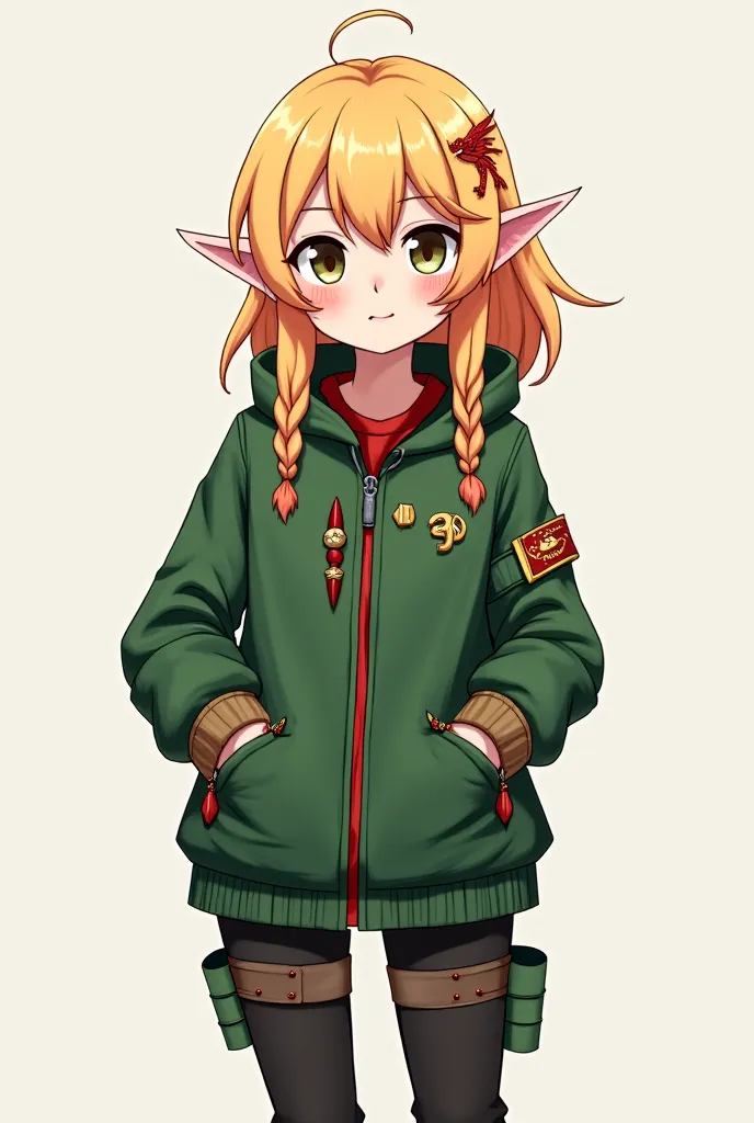 2D anime girl with semi-collected blond hair with red front locks, green eyes with red pupils and is an elf. Green clothing with red touches and gold dragon details, black pants and grey-green pockets and brown boots.Sciatica assassin's clothing