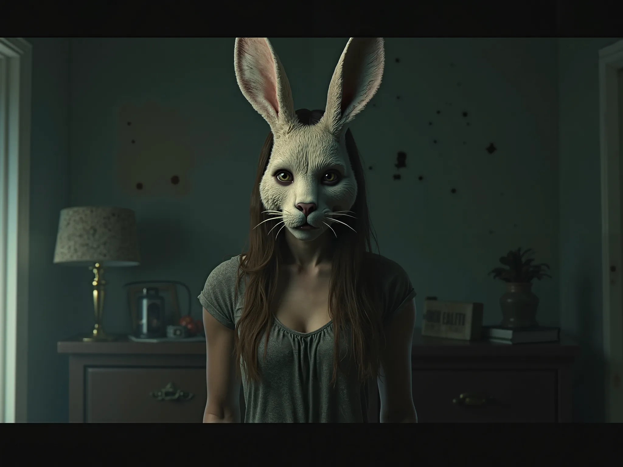 A photorealistic image of a weird woman in a real Rabbit mask in a dark room.