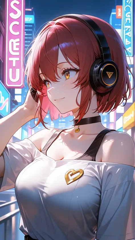 1girl, upper body, looking to the side, short hair, blund ends, medium breasts, headphones, off-shoulder shirt, hand on headphones, light smile, city, neon lights, masterpiece, best quality, very aesthetic, absurdres, attractive girl,upper body, (dinamyc a...