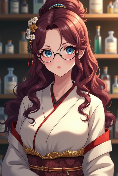 anime-style, young woman with dark long maroon curly hair in an ornate half-do hairstyle, bright blue eyes, large breasts, off-white kimono, glasses, gorgeous, smart, background: apothecary 