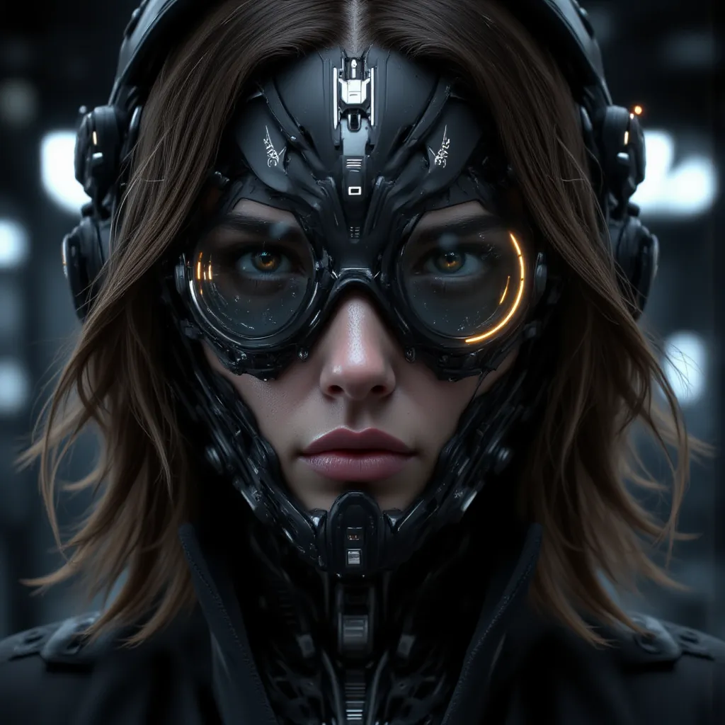 ( Focused on cyberpunk military scientists:1) (1 Female)  dark theme  ::  Close-up focusing on the face , Curious face, Katee Sackhoff&#39;s face,  hyperrealistic futuristic cyberpunk tall woman, ::   medium brown hair  , Futuristic glasses geek :: Inside ...