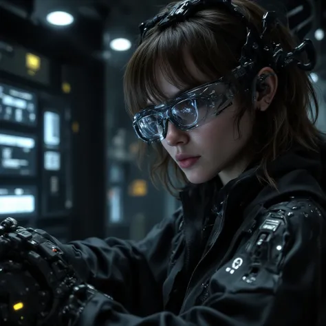 ( Focused on cyberpunk military scientists:1) (1 Female)  dark theme  ::  Close-up focusing on the face , Curious face, Katee Sackhoff&#39;s face,  hyperrealistic futuristic cyberpunk tall woman, ::   medium brown hair  , Futuristic glasses geek :: Inside ...