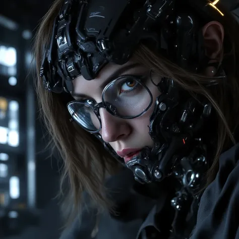 ( Focused on cyberpunk military scientists:1) (1 Female)  dark theme  ::  Close-up focusing on the face , Curious face, Katee Sackhoff&#39;s face,  hyperrealistic futuristic cyberpunk tall woman, ::   medium brown hair  , Futuristic glasses geek :: Inside ...