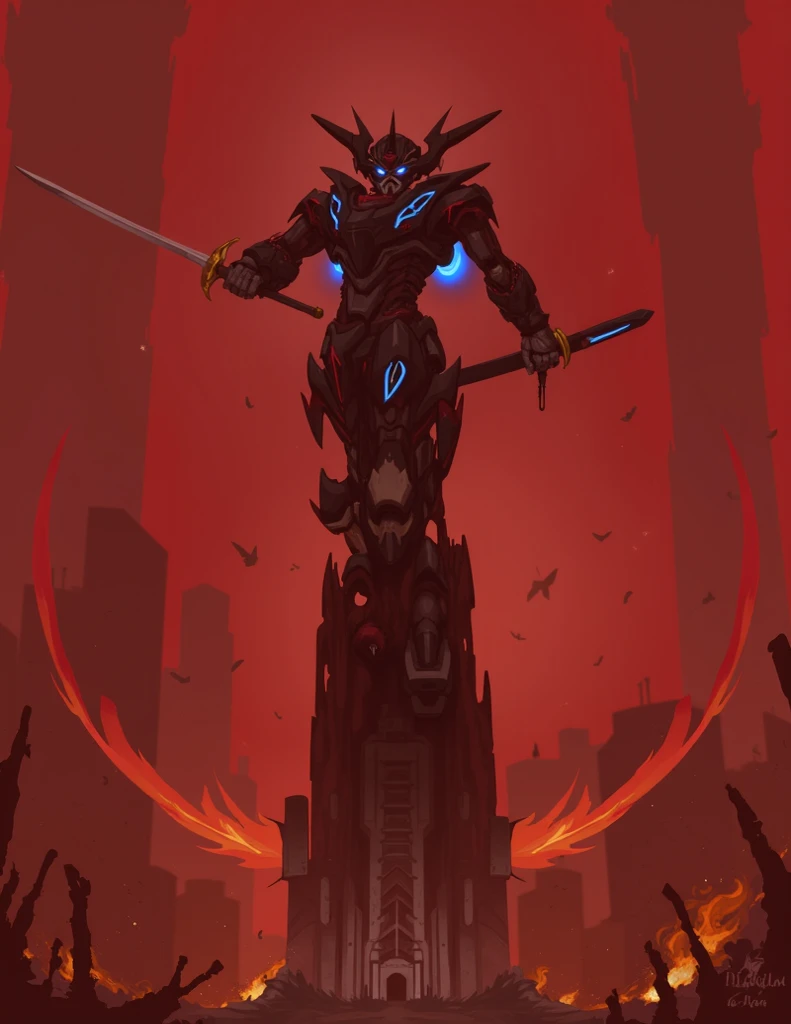 A dramatic yaoi-style illustration featuring a powerful, battle-worn Gundam Barbatos standing amidst a war-torn city. The background is engulfed in chaos, with towering skyscrapers crumbling, fire raging, and thick dust filling the air. The mech holds a ma...