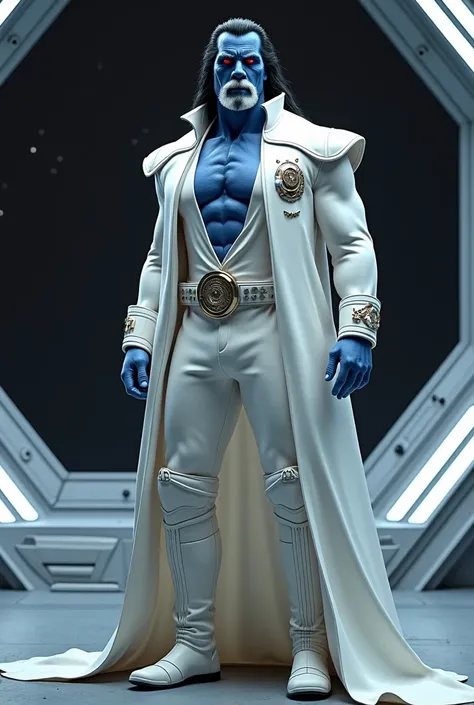 the werstler hulk Hogan as admiral thrawn, correct uniform, star wars, white uniform, blue skin, (Black Hair), red eyes, on a spaceship, large windows behind him, view to the blackness and vastness of space
