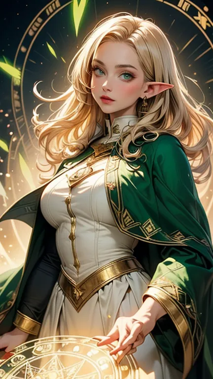 (((Masterpiece, highest quality, high definition, high detail)))), ((((Fantasy)))), one, (Elf woman)))), (short white skirt embroidered with gold), (Blonde long straight hair), (Fine dark green eyes)))), (Green cloak armor with gold embroidery)), Big, (Str...