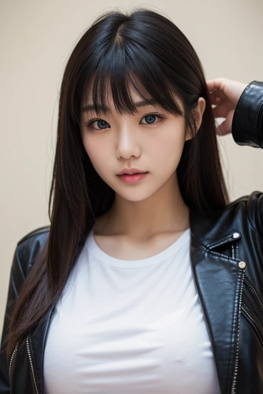 Japanese woman,  long hair,Bangs, black hair, anatomically correct, blue eyes, mouth shut,  white t-shirt,  black leather jacket , Delicate and beautiful face,1girl,  athletic and defined body , curvy