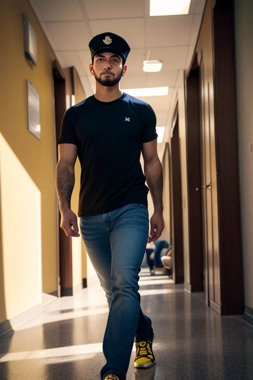 A strong man.Hantawi .small eyes . medium nose .  long hair . is a small mouth . Average permission . yellow head hat . The appearance is slim . Walking . Look at the viewer .  black shoes  . black jeans . Navy shirt . sharp features . Behind a large hall ...