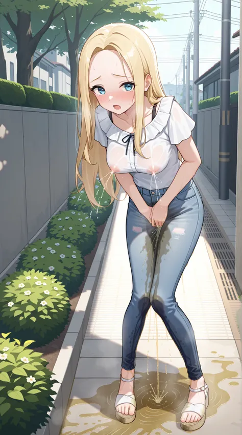 1girl, youthful female, scandinavian, lovely long hair, forehead, beautiful eyes, (wetting herself:1.5), desperation, flowing piss, peeing down to her ankles, large wet crotch pee stain, pee stain visible on her jeans, Large wet thigh, knee and shin pee st...