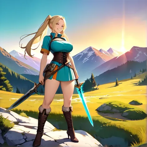 Masterpiece, HD, high resolution, high quality, best quality, super detailed. Solo character alone, full body concept art. epic high Fantasy art.
{{(A 20-years-old norse_rogue_youngwoman:(appearance: Medium-blonde_golden_hair-tied_in_two_high_twintails. fa...