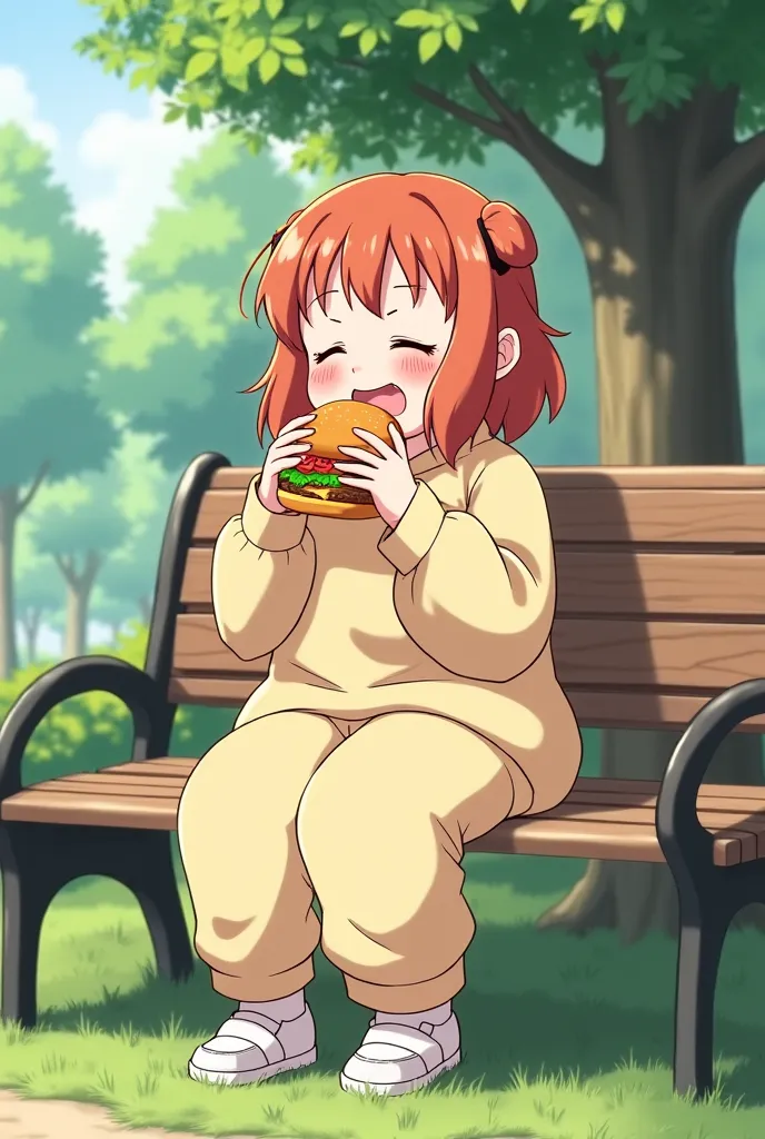 Ochako Uraraka is fat while eating a hamburger on a park bench wearing loose-fitting clothes.