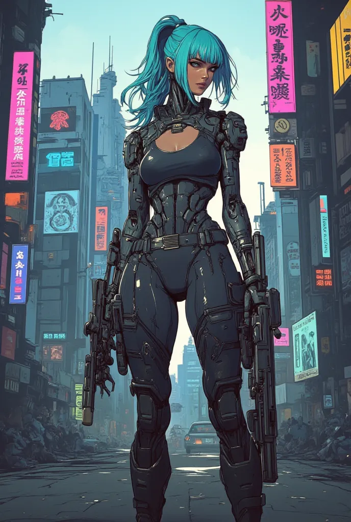 une femme cyborg sexy. cyberpunk. Composants cybernétiques. Vêtements cyberpunk . Queue de cheval et frange.  cheveux bleus. poitrine tombante énorme. aux seins nus. Elle porte un pistolet de style cyberpunk. Ambiance d'action.