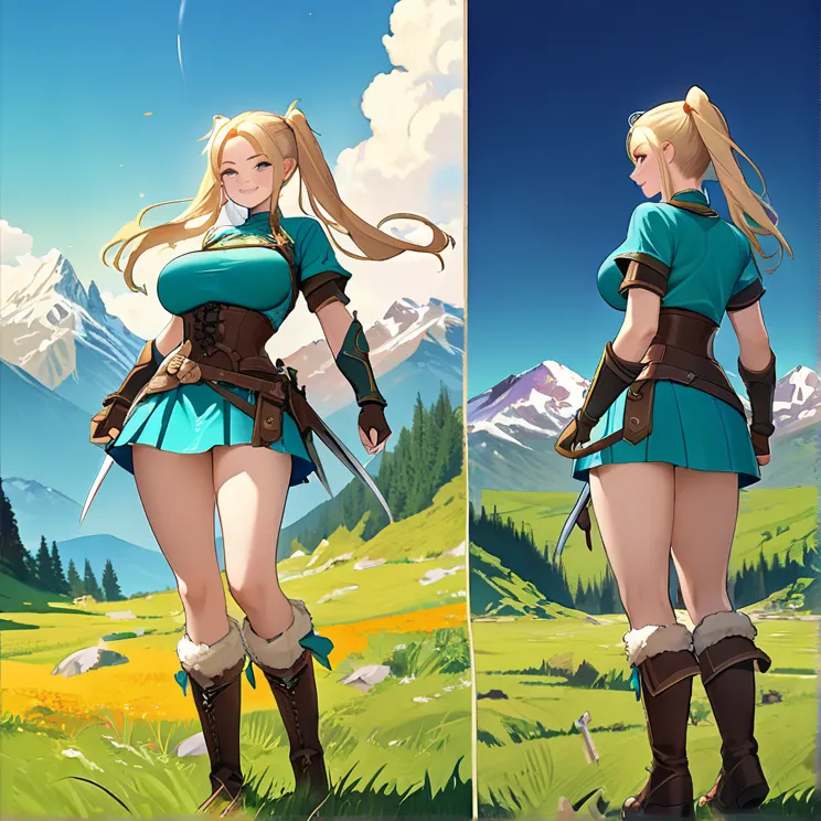 Masterpiece, HD, high resolution, high quality, best quality, super detailed. Solo character alone, multiple views. epic high Fantasy art.
{{(A 20-years-old norse_rogue_youngwoman:(appearance: Medium-blonde_golden_hair-tied_in_two_high_twintails. fair-skin...