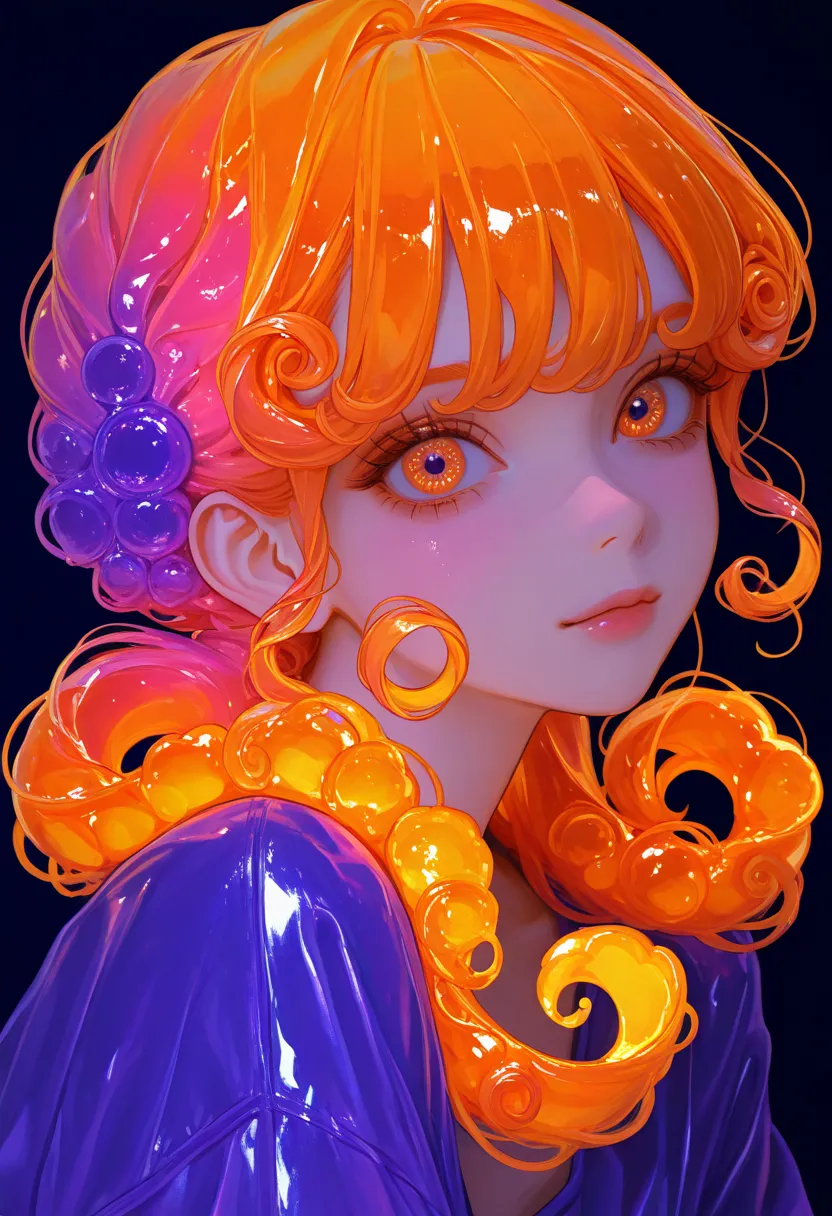 Anime girl shiny fluorescent curly hair, color purple neon orange ,gelatin hair,Stiker de Rallo