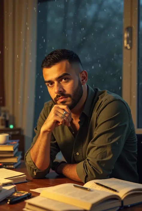 A 20-year-old Arab man with cropped hair and stubble, wearing a ring and resting his hand on his fist, leaning on his desk, surrounded by books, a soft light behind him, yellow, a pen, a knife, a tea cup, a white flag, a desk behind him, a window, and rain...