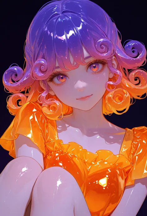 Anime girl shiny fluorescent curly hair, color purple neon orange ,Gelatin hair
