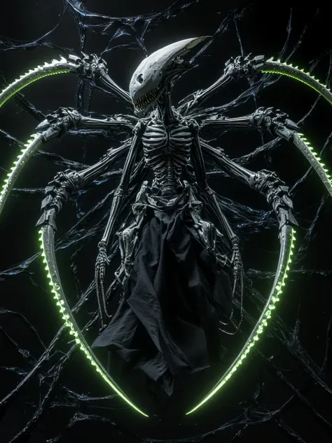 Skull with 8 spider limbs,  long limbs, Giant Spider's Web fiction, monster, Striking colors,  Green and black  
