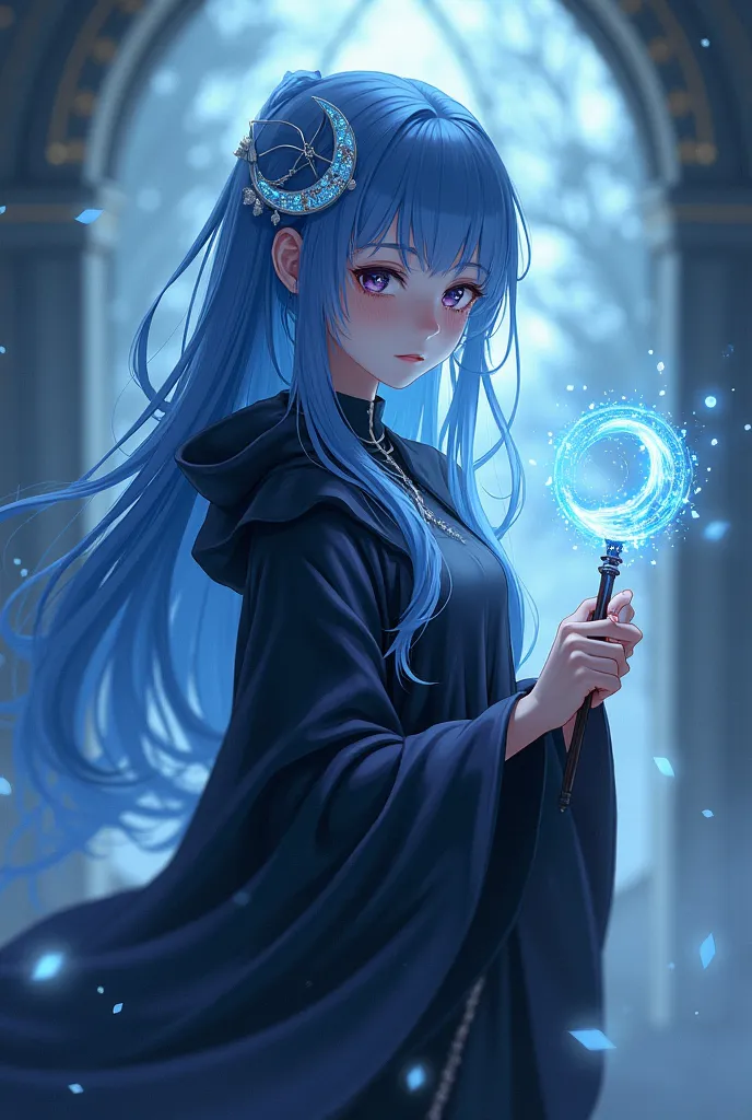 Anime style beautiful girl, , long blue hair, long bangs, timid black mage's robe, moon hair ornament, holding a magic wand