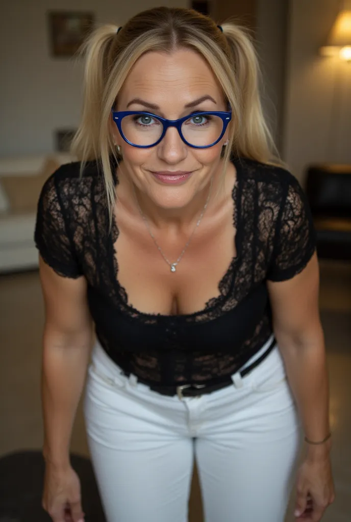 Amateur photo, sharp detail, bokeh, very realistic. Evening. Closeup. Dramatic low angle looking up at subject as she stands leaning down to look at the viewer. A beautiful curvy caucasian woman, smile lines, wrinkles, glasses with thick royal blue round f...