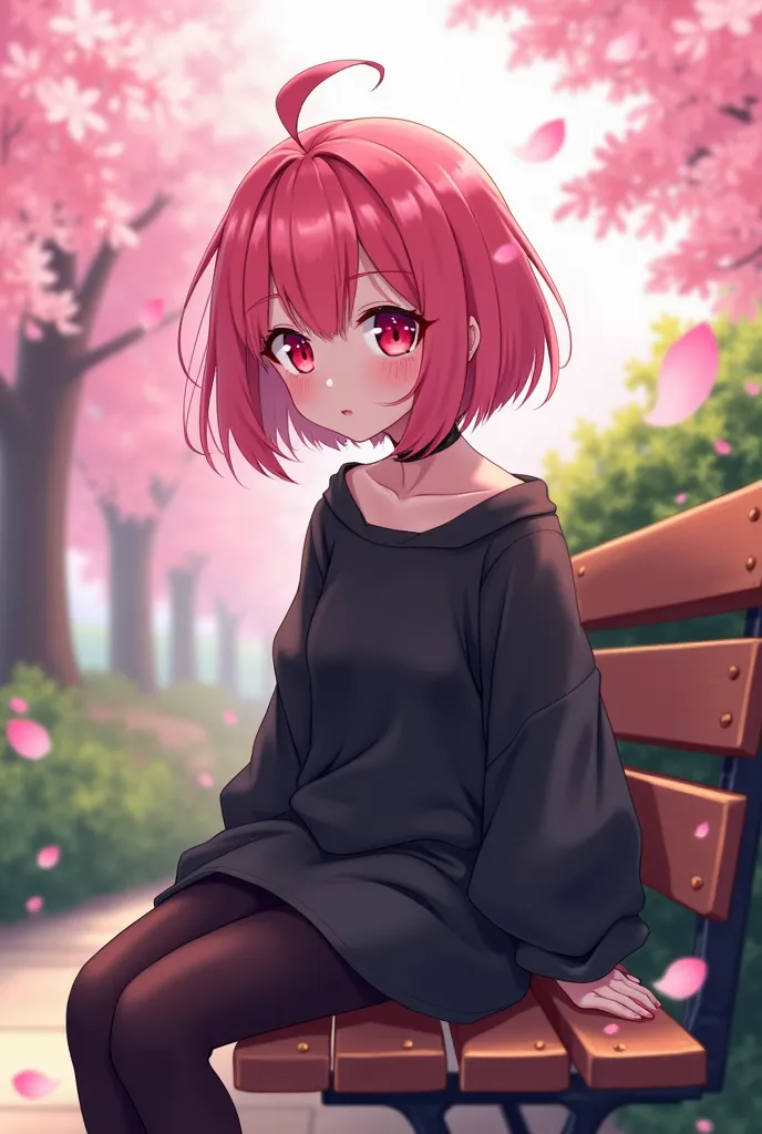 Short-haired girl with a tuft in the stitch and pink with red pupils on a bench in a cherry park wearing a large black shirt and black tights