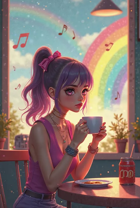 A girl with a modern and colorful look, inspired by pop fashion, enjoys a cup of coffee in a coffee shop with a dreamy atmosphere. Around you, a rainbow spreads in the sky, merging with sound waves and floating musical notes. The background has a magical a...