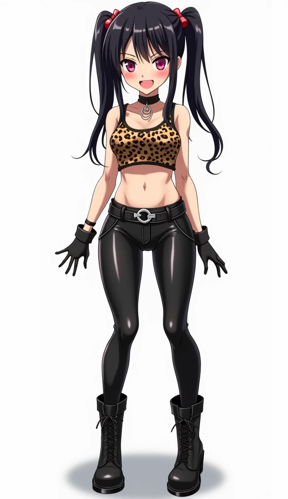 Japanese anime adolescent woman with long straight black hair with two pigtails and short locks and intense magenta eyes and wears a short top with leopard print, with a pronounced neckline and with a ring detail in the center. He combines it with tight sh...