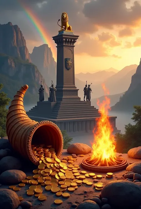  foreground : The cornucopia and the scattered coins, with the sacred fire burning next to.

Background: The monument with the lion on top, surrounded by swords and shields.

Bottom: the towering mountains, the dramatic sky and the rainbow on the horizon.