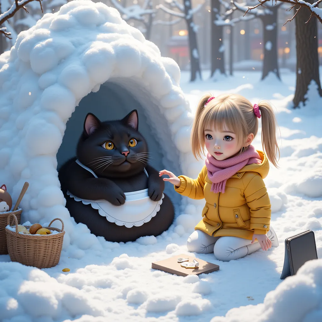 score_9,score_8_up,score_7_up,score_6_up,score_5_up,score_4_up,source_real photo,Ultra-realistic,Photorealistic,Ultra-realistic,Photorealistic,Dramatic Scene,Global Illumination, A huge black cat and a girl about are playing in the snow in a snow-covered c...