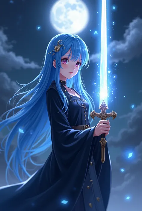 Anime style beautiful girl, , long blue hair, long bangs, timid black mage's robe, moon hair ornament, holding a shining holy sword