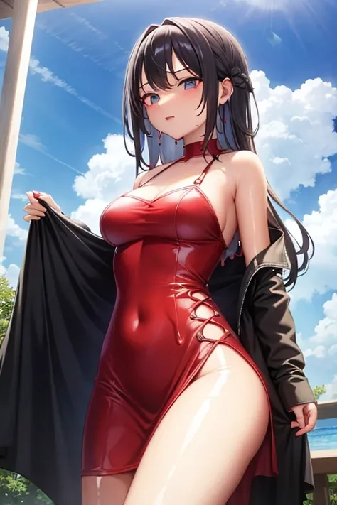 a 18 year old slime girl, red tight dress, red slime around her