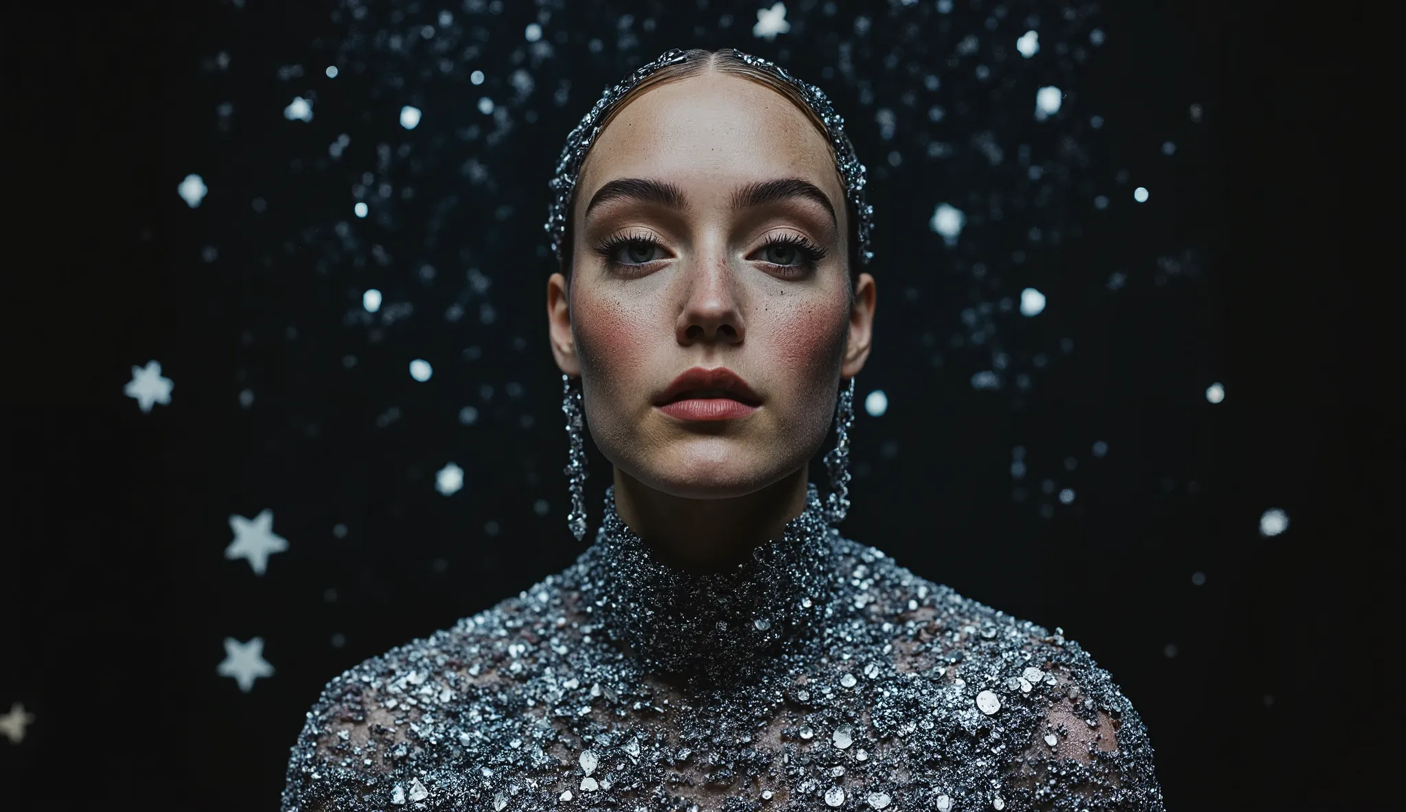 analog image, photography, natural textures, highly realistic light, made of silver stars, editorial, new album cover in the style of abstract artist, instax, playful performance art, atmospheric installations, black color palette. , iconic, minimalistic a...