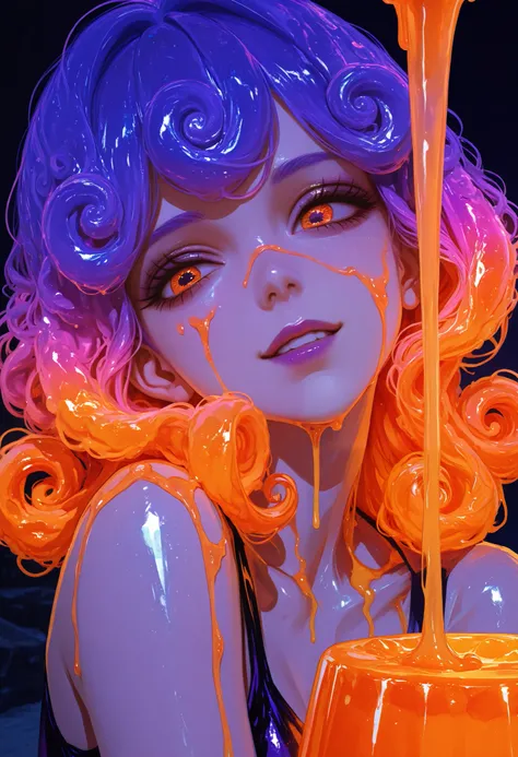 Anime girl shiny fluorescent curly hair, color purple neon orange ,gelatin hair,Stiker de Rallo,Calling viscous fluid all over her,cascade of viscous fluid