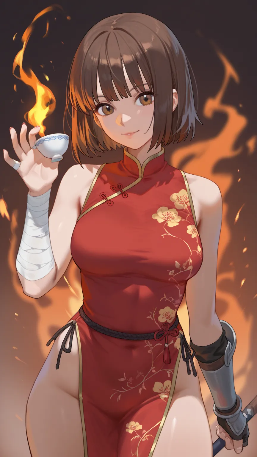  tea hair、 bob hair、Brown Eyes、 sleeveless、red Chinese dress 、iron foot armor、inflammation、 Burning 、Bandage on hand、All watches are included、Have a big fan