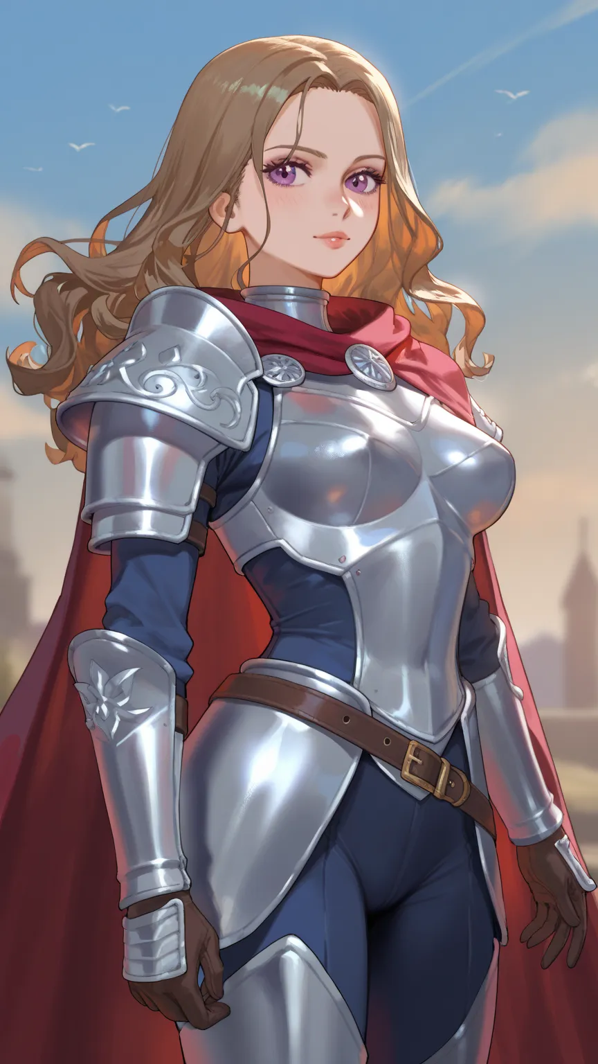 It creates the image of a beautiful girl with a slender body, long wavy brown hair and beautiful violet eyes. Dressed in light iron armor and a cape, she is the captain of a mercenary squad