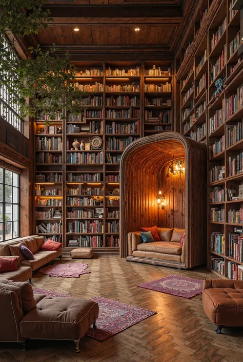 
"A wide but enchanting reading room with tall bookshelves arranged according to genres and in alphabetical order. The shelves is filled with neatly organized books. Scattered but arranged cozy couches are spread across the room, creating an inviting atmos...