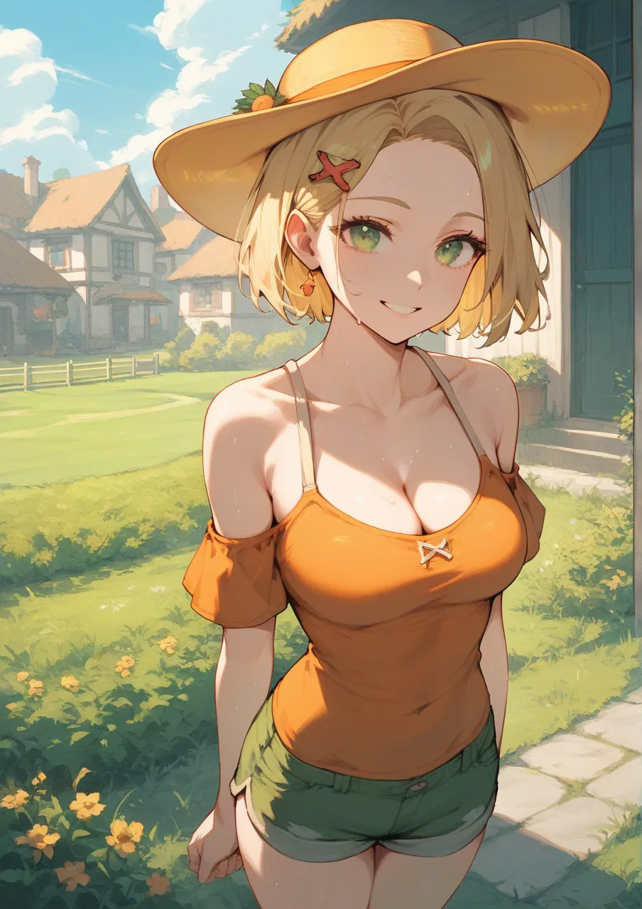 (score_9, score_8_up, score_7_up), 1girl, solo, blond hair, green eyes, forehead, yellow hat, short hair, orange top, medium breasts, smile, shorts, legs, ((hands)), cleavage, standing, hairpin, sexy, bare shoulders, ((pose)), village,  grass, sky, sweaty,...