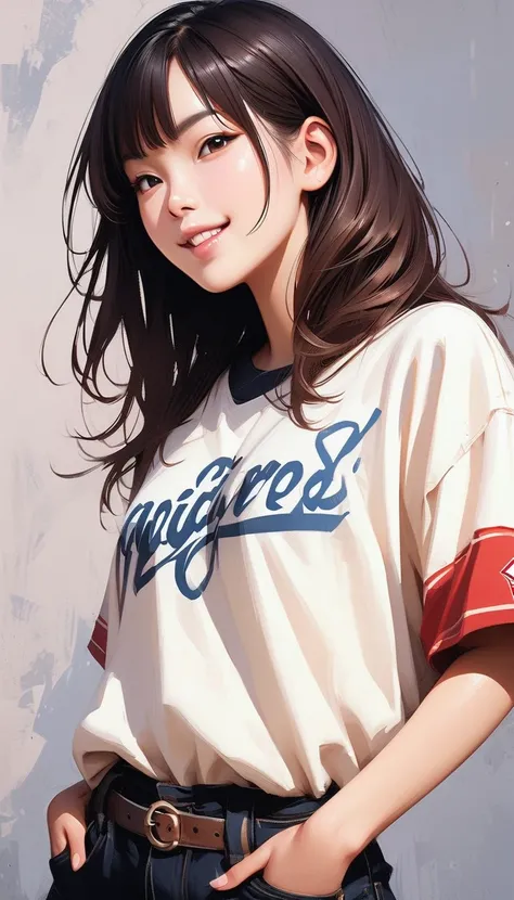 Young Asian woman, late s to early twenties, wearing a white baseball jersey with navy blue numbers and lettering.  Short, dark brown hair with bangs.  Smiling expression, showing visible dimples.  Friendly and approachable demeanor.  Pointing with her rig...