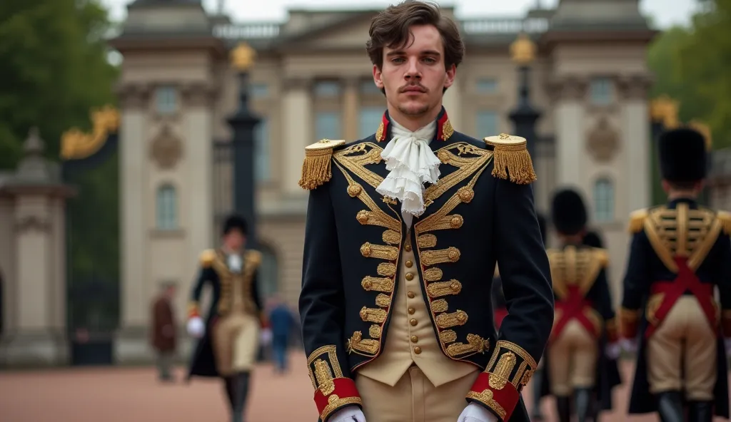 England, Summer of the year 1902, Prince Henry, 18 years old handsome with dark hair and blue eyes, he is dressed in traditional royal riding attire, consisting of black boots, beige breeches, and white shirts with billowy sleeves. Their jackets are adorne...