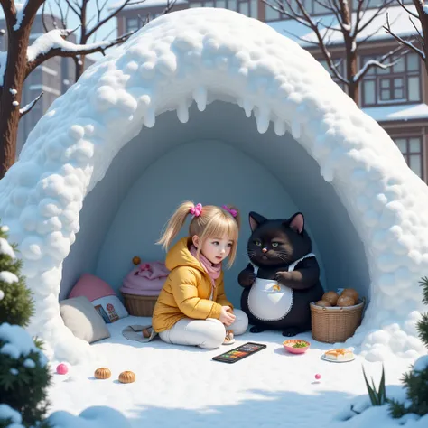 score_9,score_8_up,score_7_up,score_6_up,score_5_up,score_4_up,source_real photo,Ultra-realistic,Photorealistic,Ultra-realistic,Photorealistic,Dramatic Scene,Global Illumination, A huge black cat and a girl about are playing in the snow in a snow-covered c...