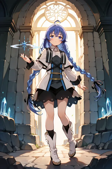 masterpiece,best quality,roxy-default, Roxy Migurdia,blue eyes,blue hair,twin braids, white capelet , white dress,white boots, magic before the Ice Castle、 Ice Magic、Skip the ice、cave