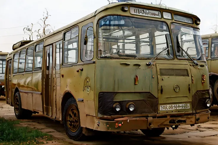 Masterpiece, best high quality, post-apocalyptic steampunk style, Realistic concept art of camouflage colored USSR Bus Liaz-677 with abnormal huge gigantic wheels like a monster truck